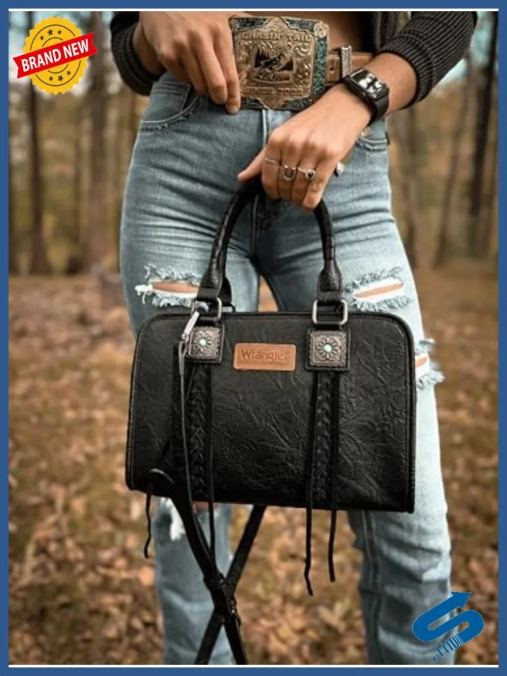Faux Leather Fringed Satchel Handbag with Turquoise Concho Tassels